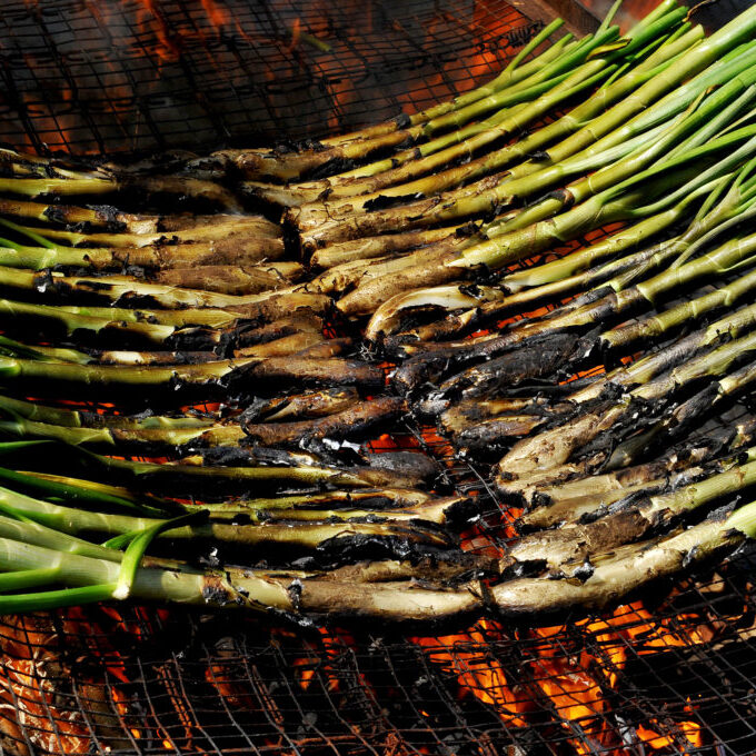 A,Pile,Of,CalÁots,,Typical,Catalan,Sweet,Onions,,On,The a pile of calçots, typical catalan sweet onions, on the barbecue